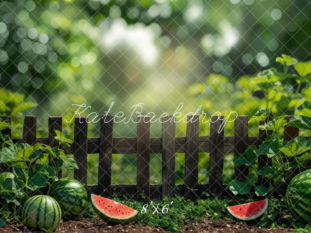 Kate Summer Bokeh Green Plant Watermelon Brown Fence Backdrop Designed by Emetselch