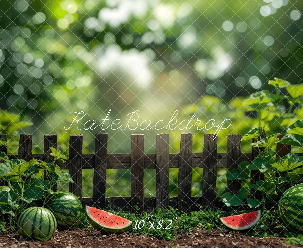 Kate Summer Bokeh Green Plant Watermelon Brown Fence Backdrop Designed by Emetselch