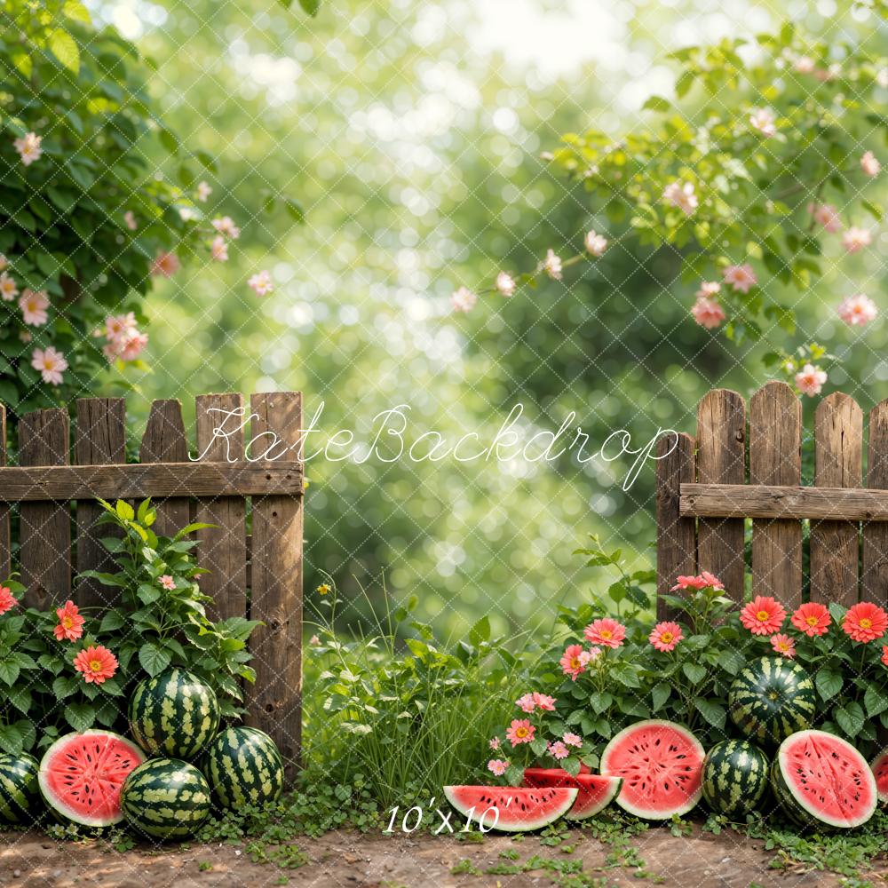 Kate Summer Bokeh Green Plant Colorful Flower Watermelon Brown Fence Backdrop Designed by Emetselch
