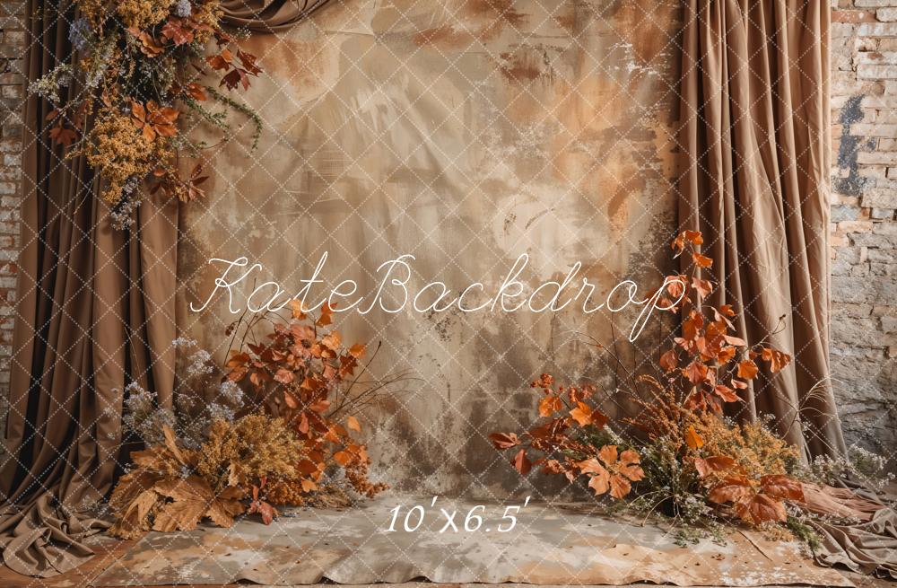 Kate Vintage Boho Brown Floral Curtain Grey Broken Brick Wall Backdrop Designed by Emetselch