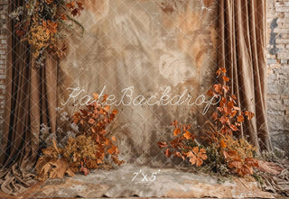 Kate Vintage Boho Brown Floral Curtain Grey Broken Brick Wall Printed Backdrop Designed by Emetselch