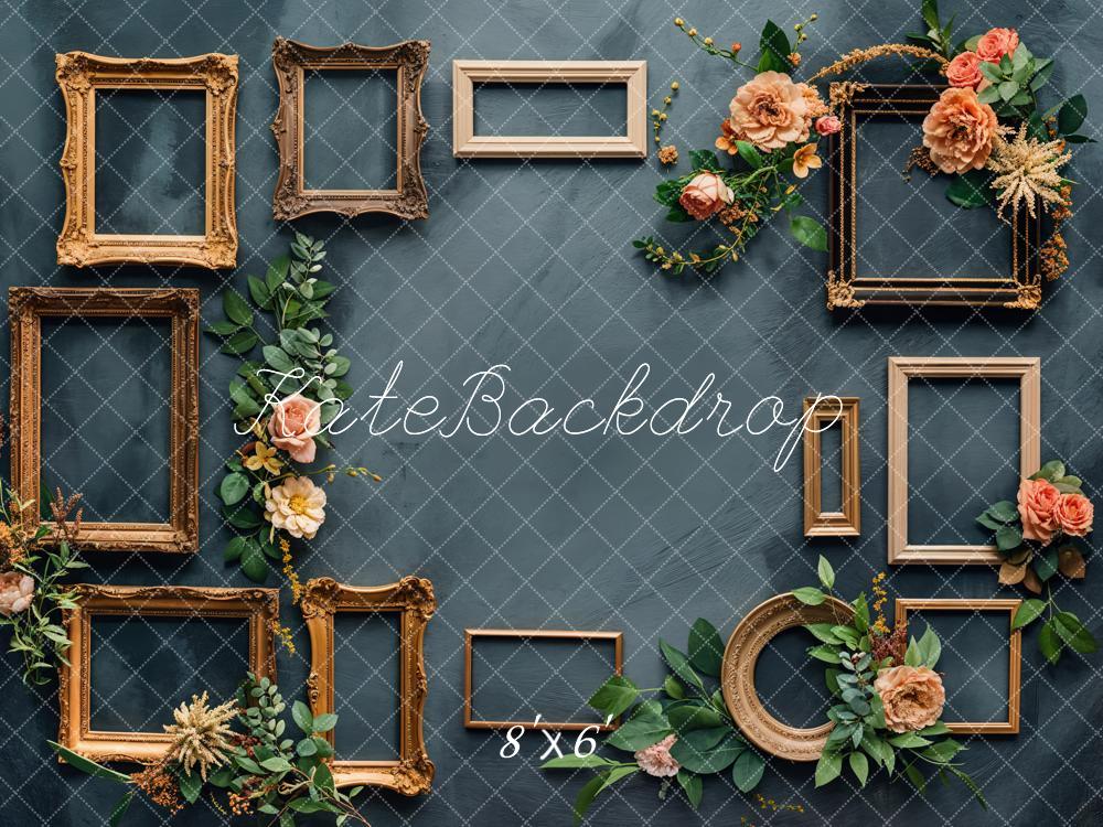Kate Retro Fine Art Pink Floral Gold Photo Frame Dark Green Wall Backdrop Designed by Chain Photography