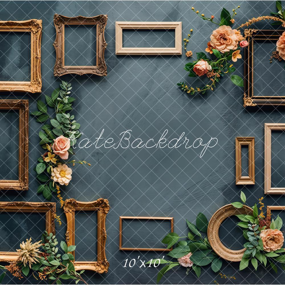 Kate Retro Fine Art Pink Floral Gold Photo Frame Dark Green Wall Backdrop Designed by Chain Photography