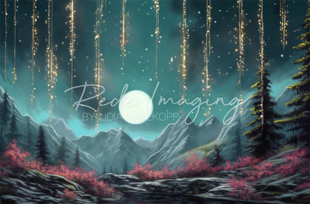 Kate Night Moon Bokeh Star Red Forest Mountain Lake Colorful Flower Stone Path Backdrop Designed by Lidia Redekopp