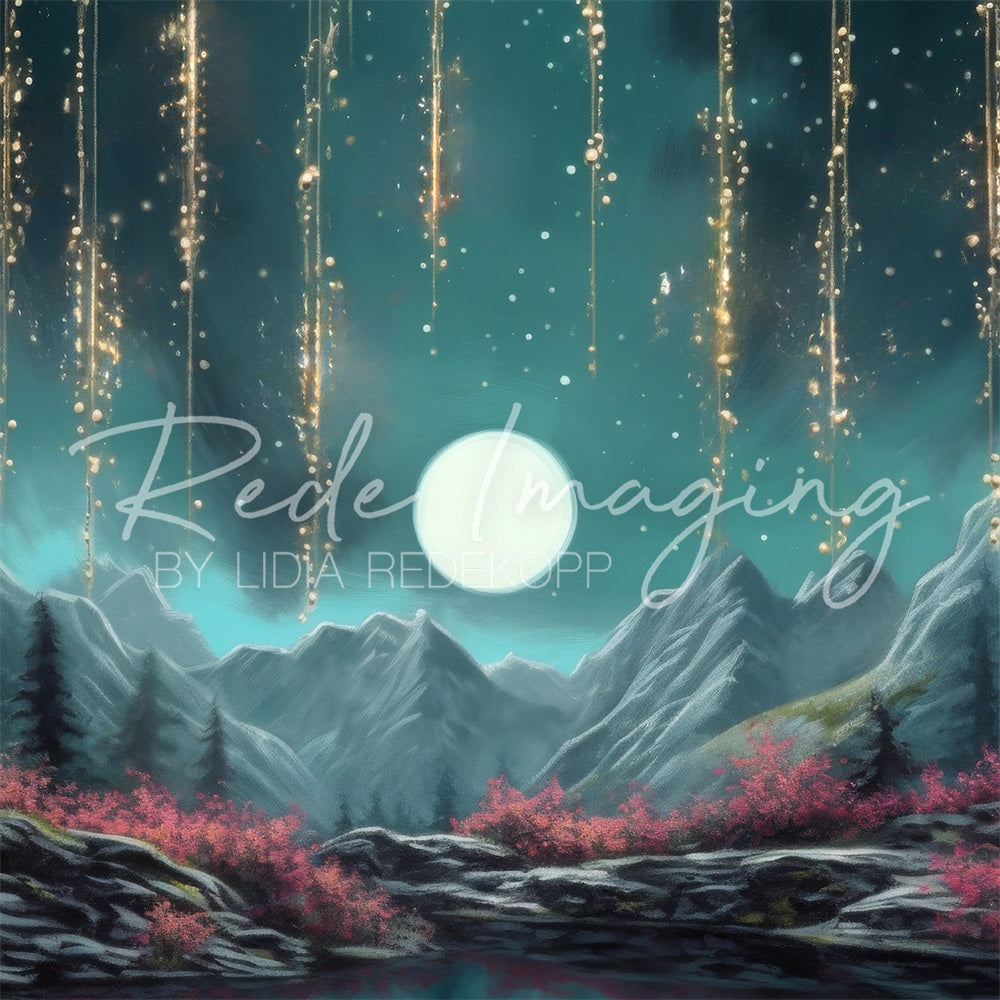 Kate Night Moon Bokeh Star Red Forest Mountain Lake Colorful Flower Stone Path Backdrop Designed by Lidia Redekopp