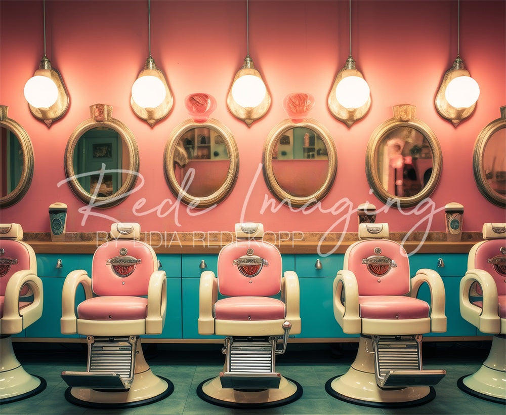 Kate Retro Green Cabinet Pink Salon Beauty Shop Backdrop Designed by Lidia Redekopp