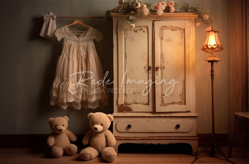 Kate Vintage Dark Pink Flower White Dress Teddy Bear Wooden Cabinet Backdrop Designed by Lidia Redekopp