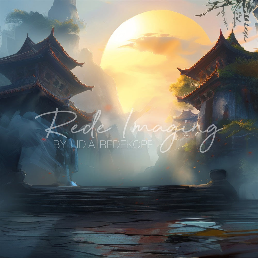 Kate Traditional Kung Fu Street Sunset Mountain Building Backdrop Designed by Lidia Redekopp