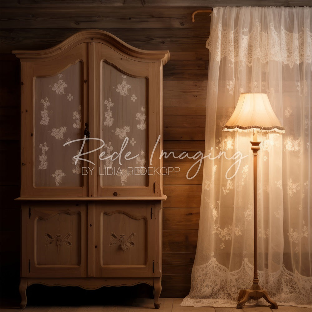 Kate Retro Dark Brown White Floral Curtain Wooden Cabinet Backdrop Designed by Lidia Redekopp
