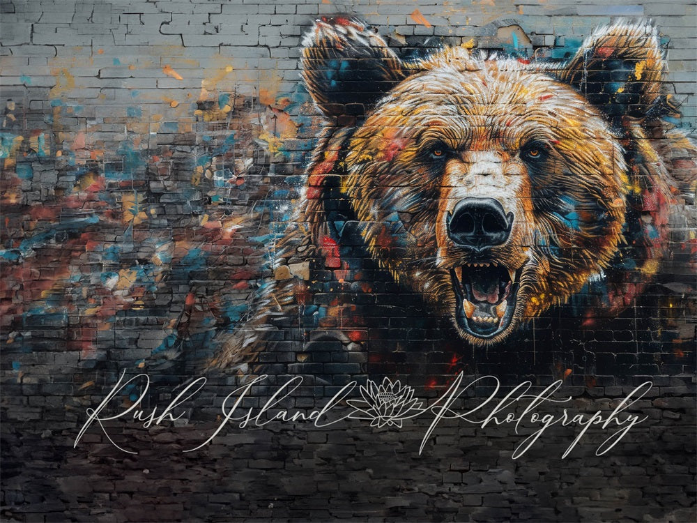 Kate Retro Colorful Graffiti Bear Black Broken brick Wall Backdrop Designed by Laura Bybee