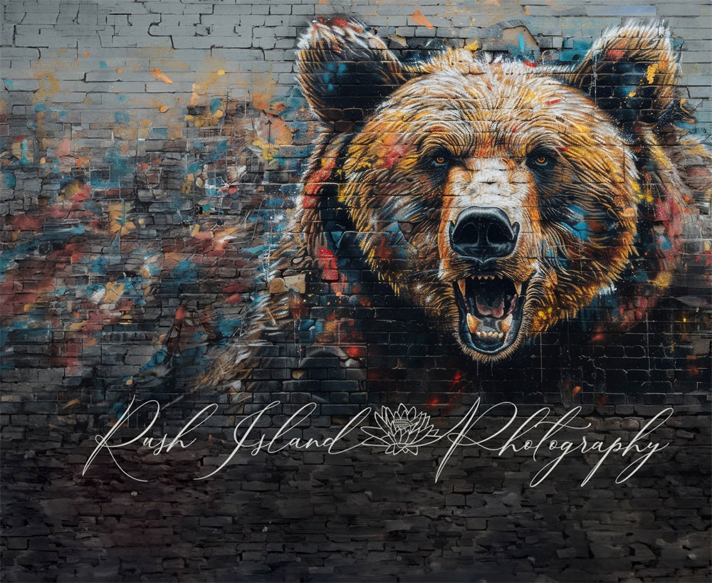 Kate Retro Colorful Graffiti Bear Black Broken brick Wall Backdrop Designed by Laura Bybee