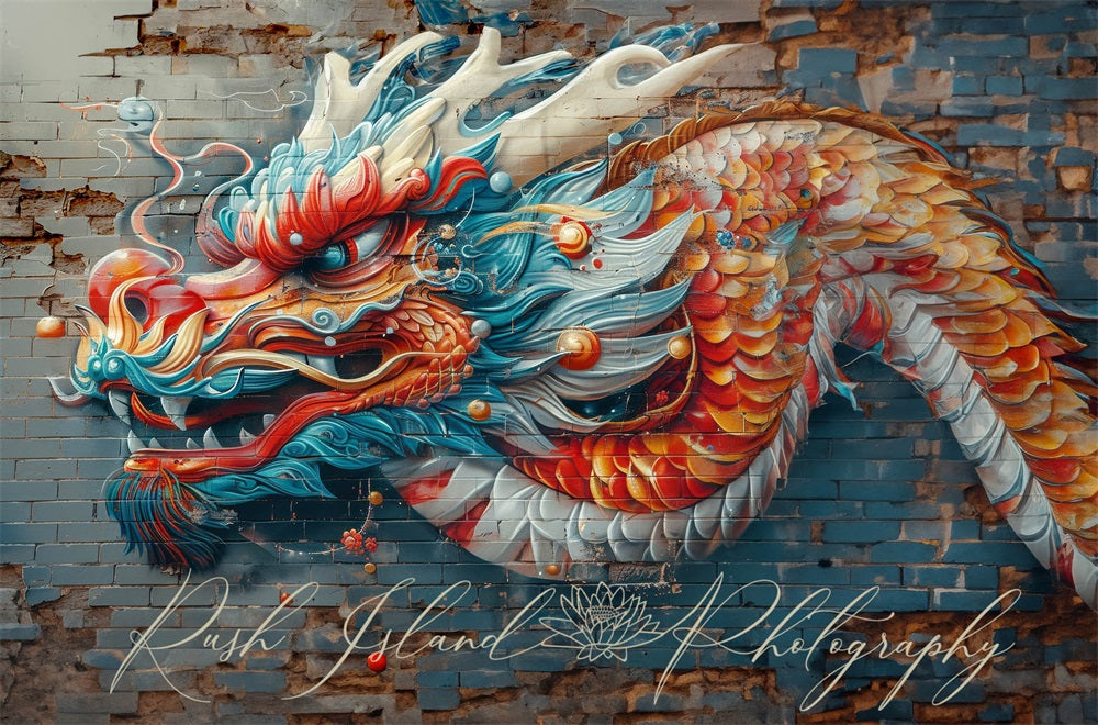 Kate Vivid Colorful Fierce Graffiti Dragon Gray Broken Brick Wall Backdrop Designed by Laura Bybee