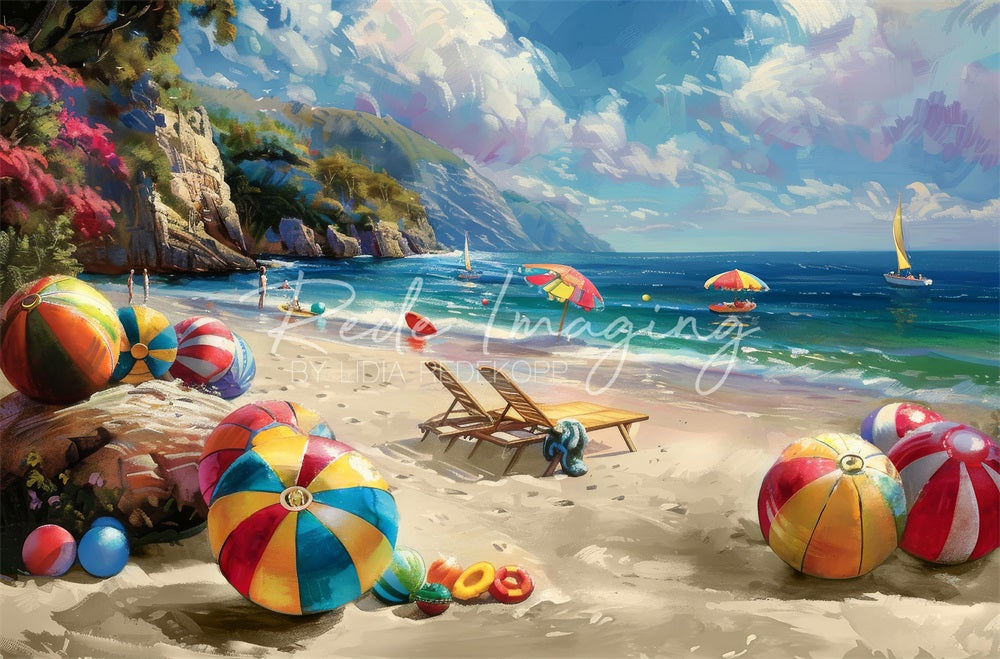 Kate Summer Watercolor Sea Beach Mountain Sailboat Parasol Colorful Ball Backdrop Designed by Lidia Redekopp