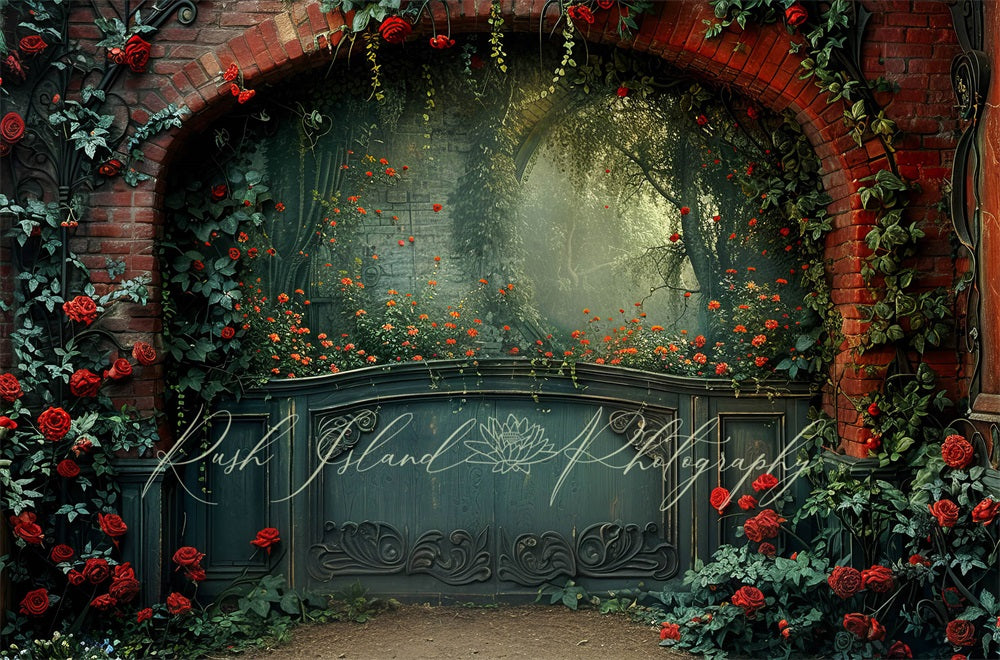 Kate Vintage Climbing Red Rose Dark Green Door Brick Wall Arch Backdrop Designed by Laura Bybee