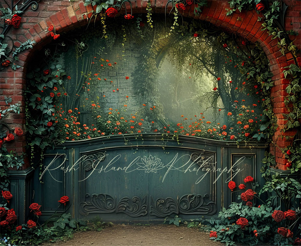 Kate Vintage Climbing Red Rose Dark Green Door Brick Wall Arch Backdrop Designed by Laura Bybee