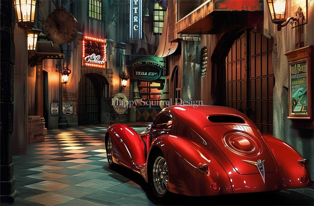 Kate Retro Night Automatic Street Shop Red Car Backdrop Designed by Happy Squirrel Design