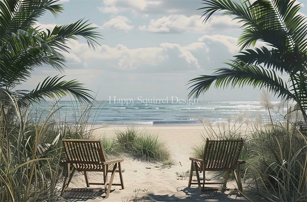 Kate Summer Sea Beach Green Plant Brown Wooden Chair Backdrop Designed by Happy Squirrel Design