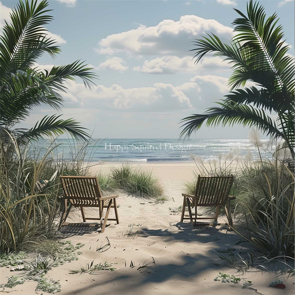 Kate Summer Sea Beach Green Plant Brown Wooden Chair Backdrop Designed by Happy Squirrel Design