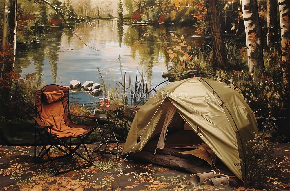 Kate Autumn Outdoor Forest Camping Tent Lake Red Chair Backdrop Designed by Happy Squirrel Design