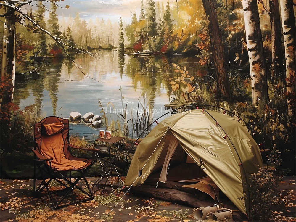 Kate Autumn Outdoor Forest Camping Tent Lake Red Chair Backdrop Designed by Happy Squirrel Design