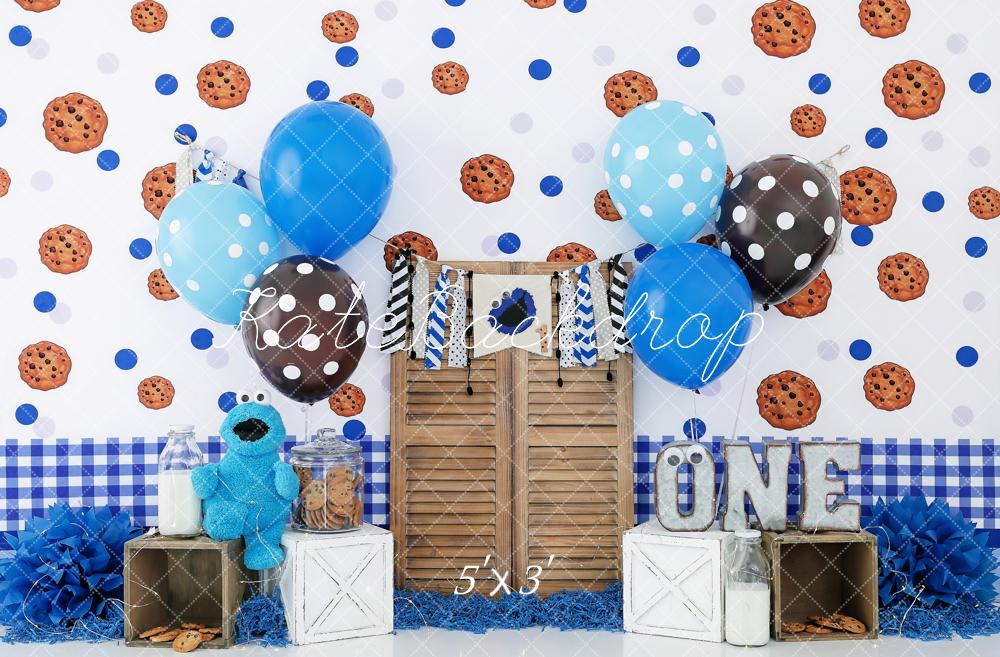 Kate Birthday Cake Smash Blue Black Point Balloon Cookie Monster Brown Barn Door Backdrop for Photograph