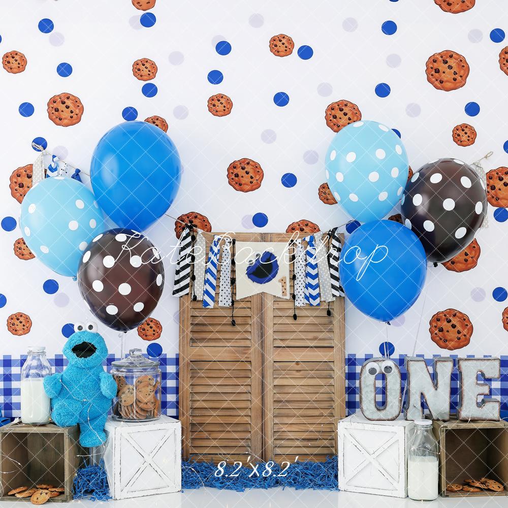 Kate Birthday Cake Smash Blue Black Point Balloon Cookie Monster Brown Barn Door Backdrop for Photography