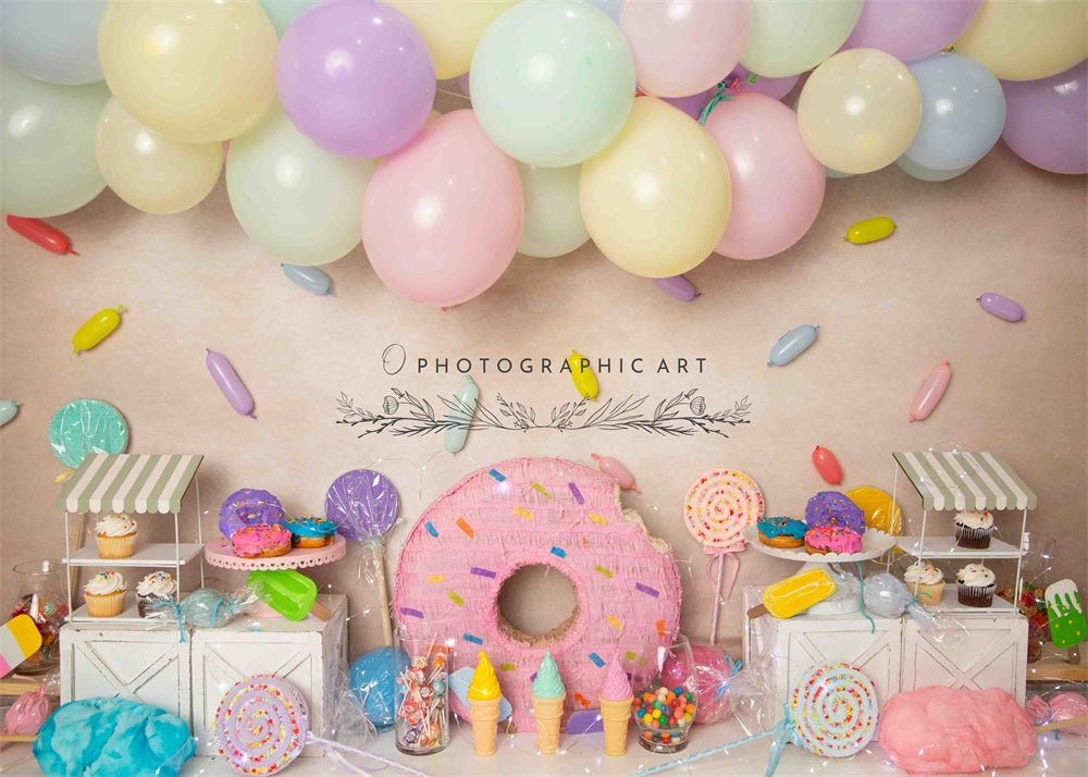 Kate Birthday Cake Smash Colorful Balloon Cookie Candy Beige Wall Backdrop for Photography Designed by Jenna Onyia