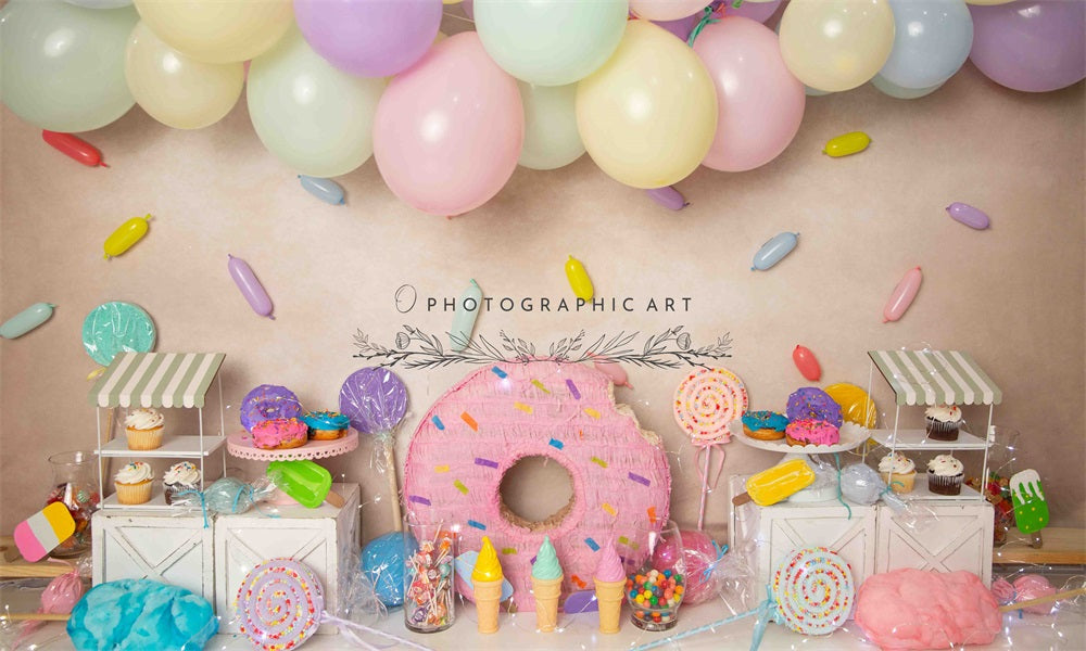 Kate Birthday Cake Smash Colorful Balloon Cookie Candy Beige Wall Backdrop for Photography Designed by Jenna Onyia