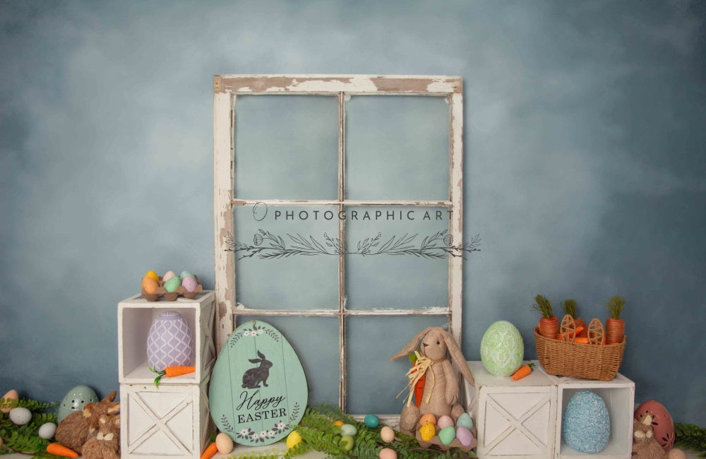 Kate Easter Egg Bunny Broken Frame Window Dark Blue Wall Backdrop for Photography Designed by Jenna Onyia