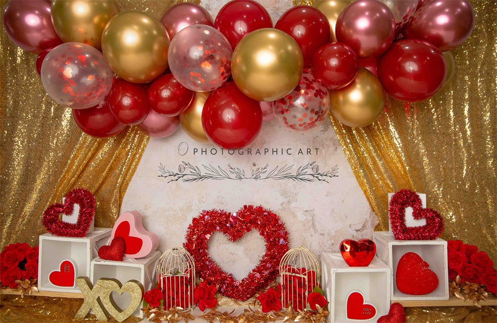 Kate Retro Valentine's Day Red Rose Heart Colorful Balloon Gold Curtain Backdrop for Photography Designed by Jenna Onyia