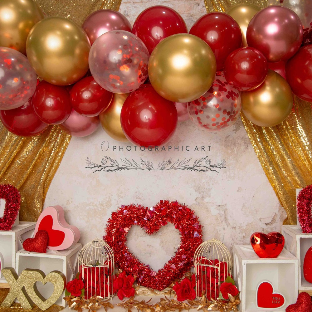 Kate Retro Valentine's Day Red Rose Heart Colorful Balloon Gold Curtain Backdrop for Photography Designed by Jenna Onyia