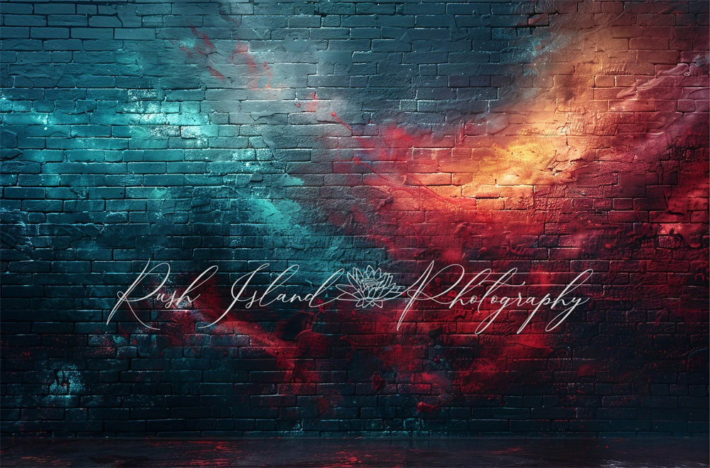 Kate Retro Blue and Red Clash Storm Graffiti Broken Brick Wall Backdrop Designed by Laura Bybee