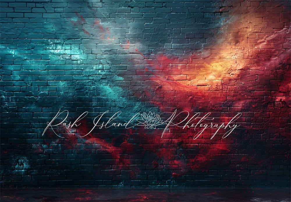 TEST kate Retro Blue and Red Clash Storm Graffiti Broken Brick Wall Backdrop Designed by Laura Bybee
