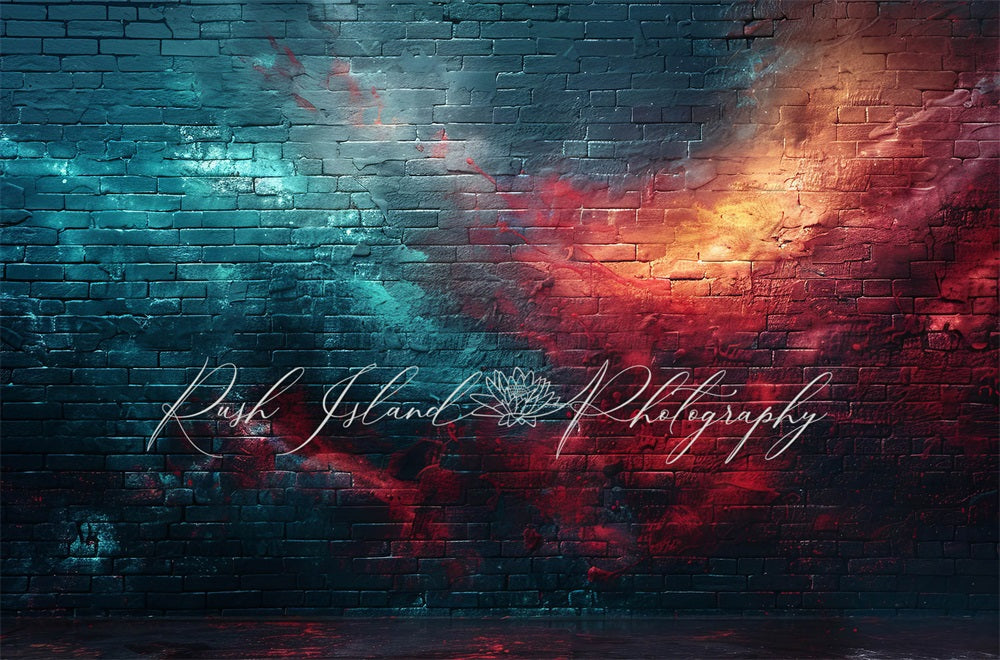 Kate Retro Blue and Red Clash Storm Graffiti Broken Brick Wall Backdrop Designed by Laura Bybee