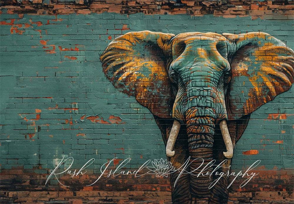Kate Retro Dark Green Graffiti Elephant Broken Brick Wall Backdrop Designed by Laura Bybee