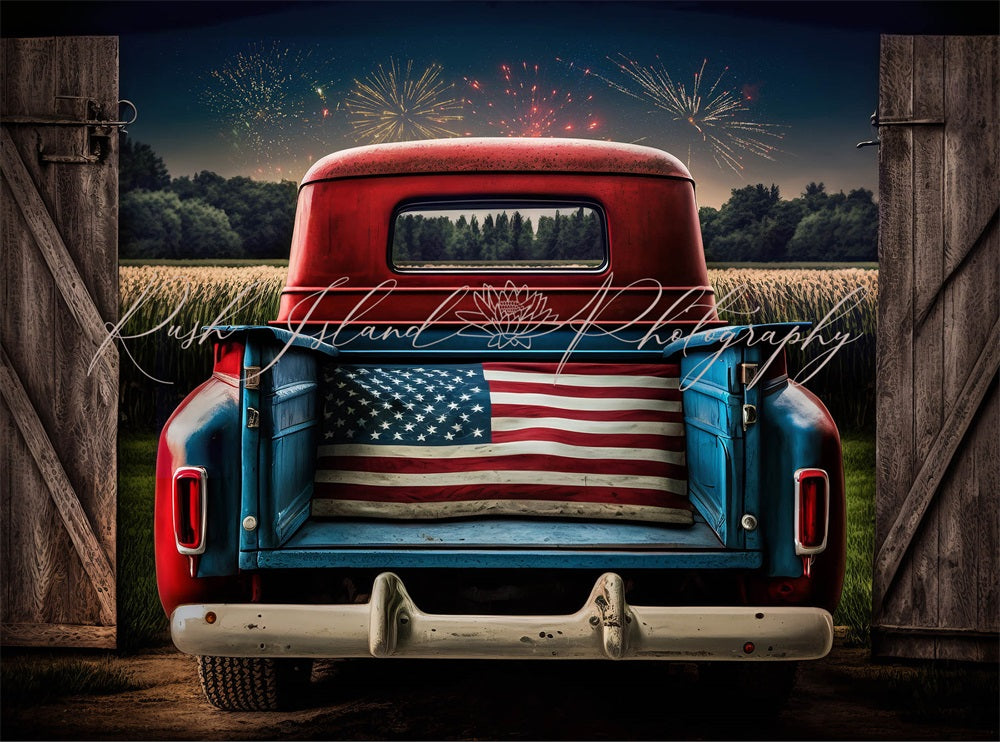 Kate Independence Day Night Firework Field Brown Wooden Door Red Car Backdrop Designed by Laura Bybee