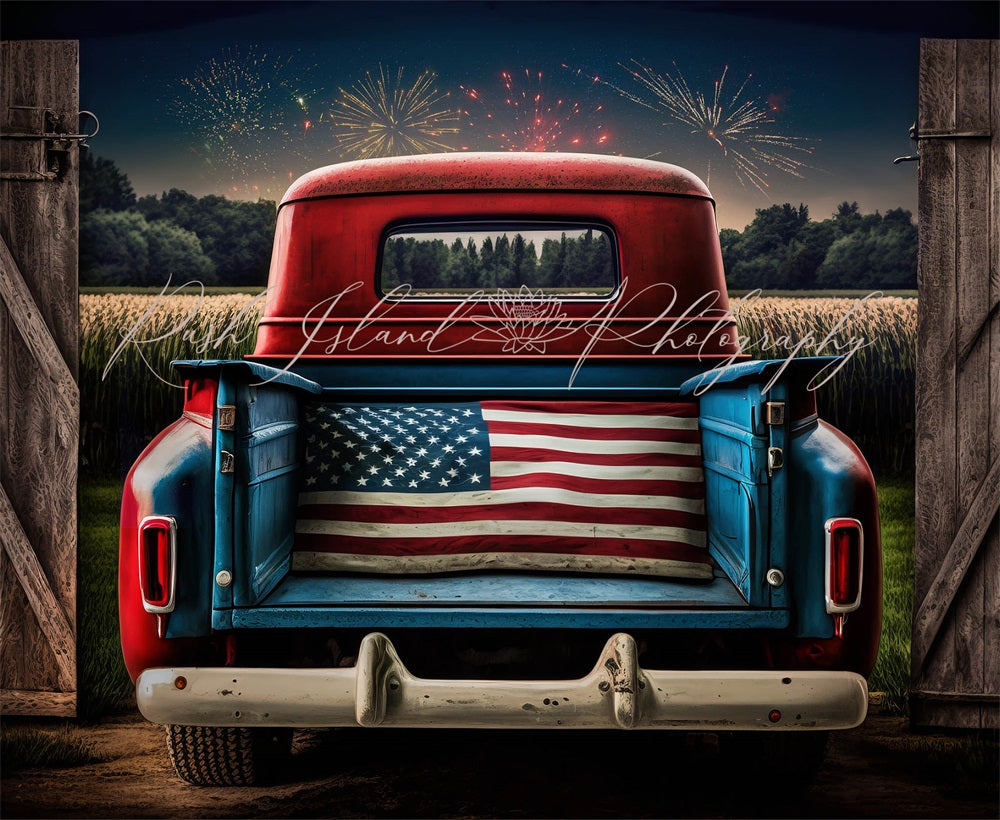 Kate Independence Day Night Firework Field Brown Wooden Door Red Car Backdrop Designed by Laura Bybee