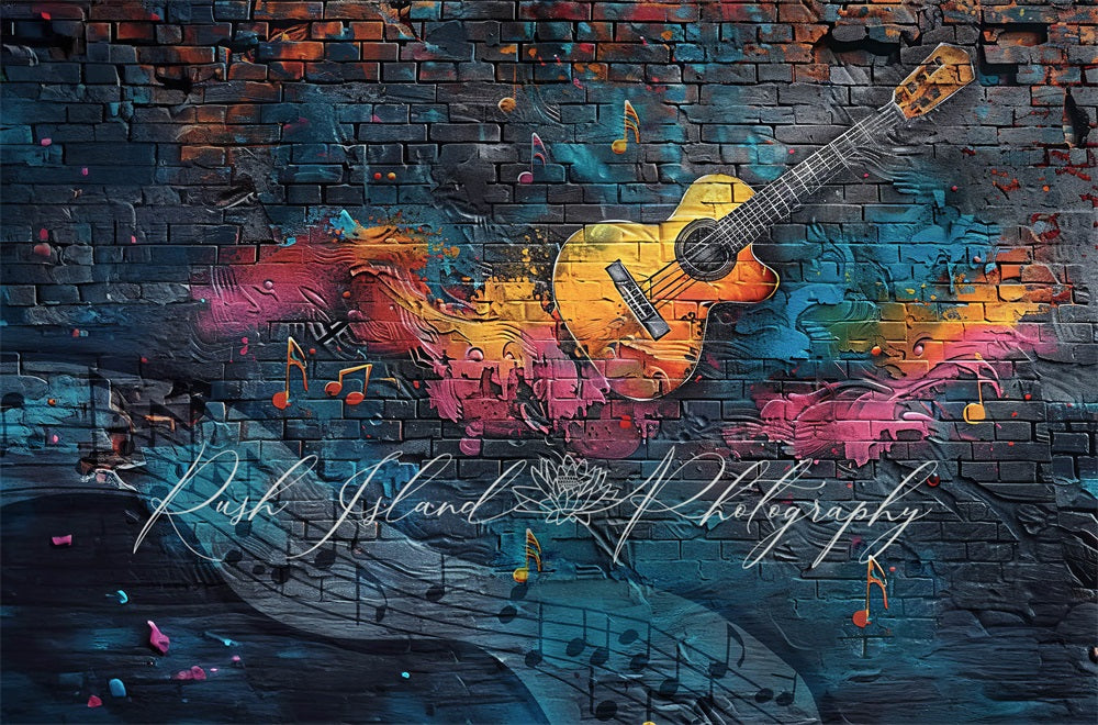TEST kate Vintage Colorful Graffiti Guitar Dark Blue Broken Brick Wall Backdrop Designed by Laura Bybee