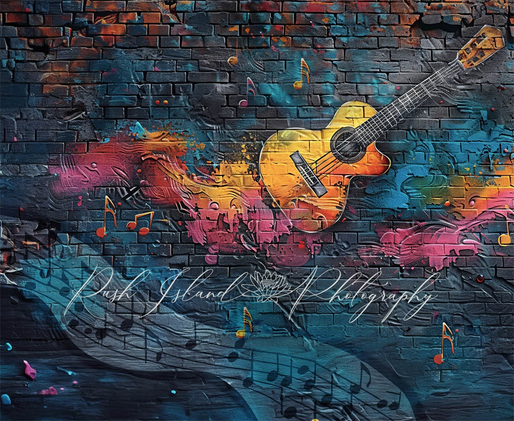 Kate Vintage Colorful Graffiti Guitar Dark Blue Broken Brick Wall Backdrop Designed by Laura Bybee