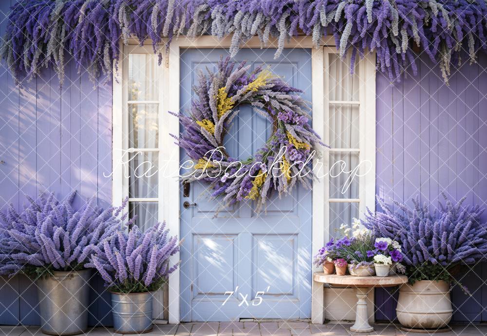 Kate Mother's Day Purple Lavender Wreath Blue Door Wooden Striped Wall Backdrop Designed by Emetselch