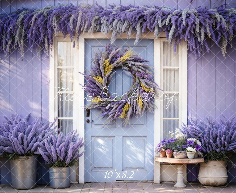 Kate Mother's Day Purple Lavender Wreath Blue Door Wooden Striped Wall Backdrop Designed by Emetselch