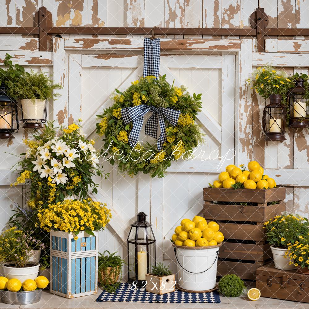 Kate Summer Green Plant Colorful Flower Yellow Lemon White Wooden Wall Backdrop Designed by Emetselch