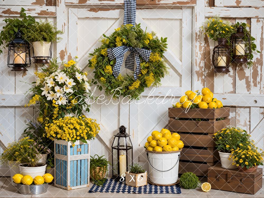 Kate Summer Green Plant Colorful Flower Yellow Lemon White Wooden Wall Backdrop Designed by Emetselch