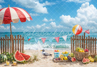 Zomerzeestrandparasol fruit zeevogel bruin houten hekachtergrondontwerp ontworpen door Emetselch