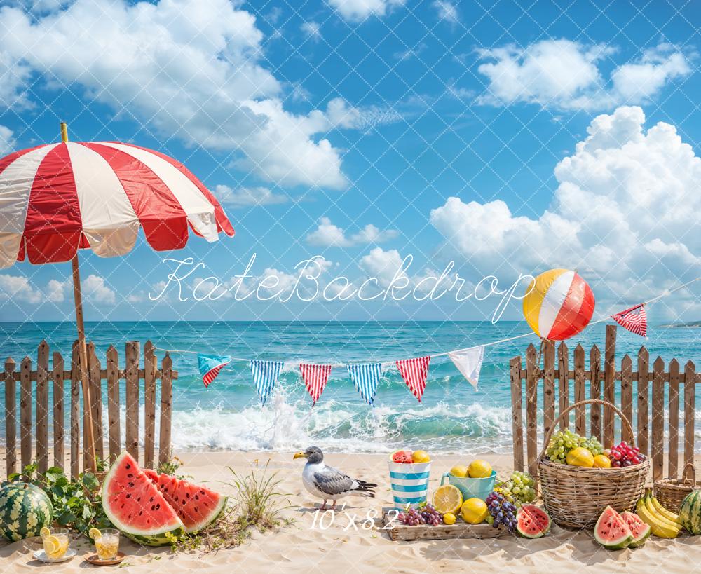 Kate Summer Sea Beach Parasol Fruit Seabird Brown Wooden Fence Backdrop Designed by Emetselch