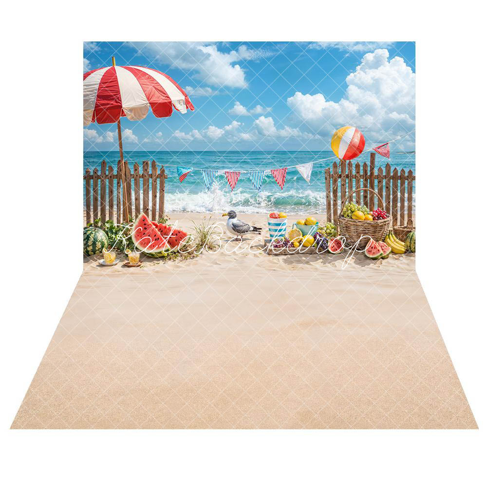 Kate Summer Sea Beach Parasol Fruit Seabird Brown Wooden Fence Backdrop+Summer Beige Beach Floor Backdrop