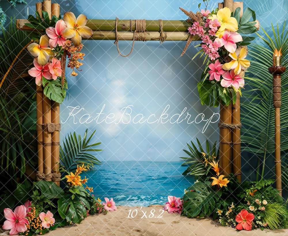 Kate Summer Hawaii Seaside Green Plant Colorful Flower Bamboo Door Backdrop Designed by Emetselch