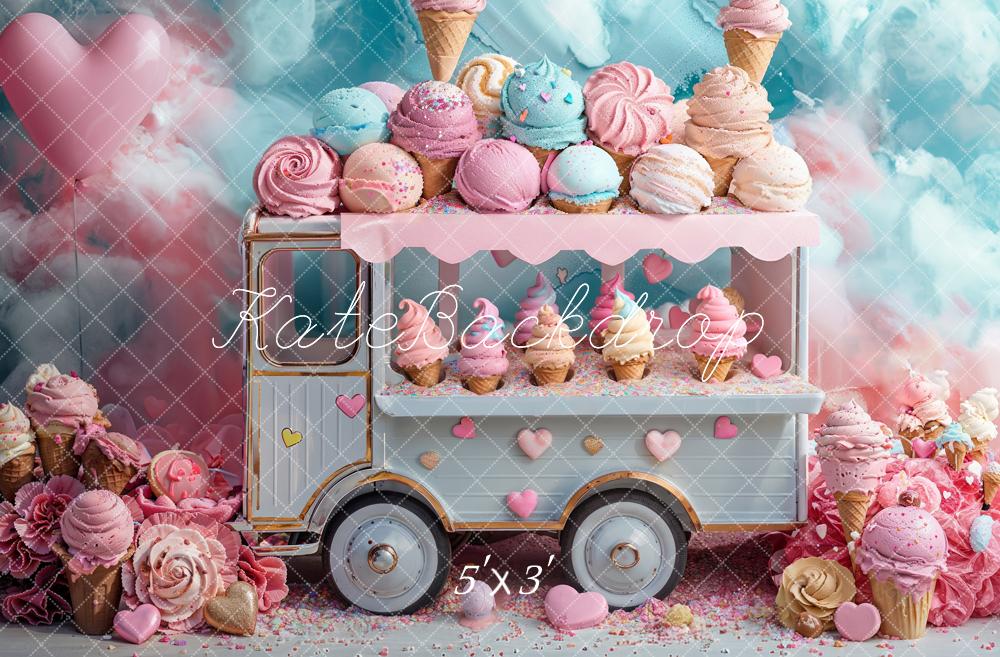Kate Fantasy Cartoon Pink Blue Ice Cream Truck Backdrop Designed by Emetselch