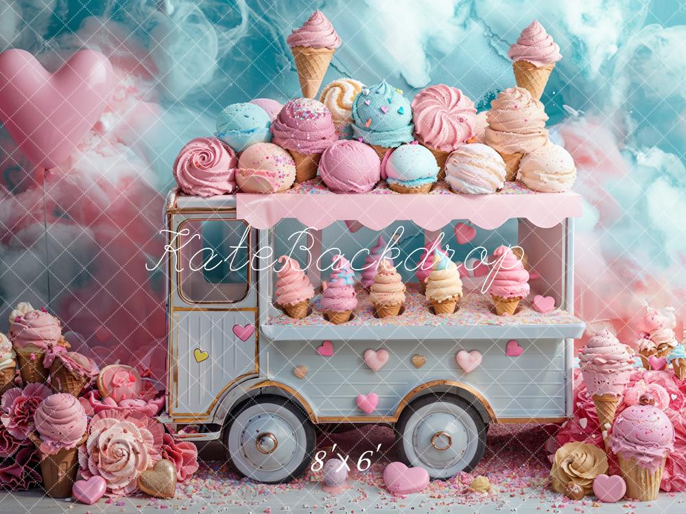 Kate Fantasy Cartoon Pink Blue Ice Cream Truck Backdrop Designed by Emetselch