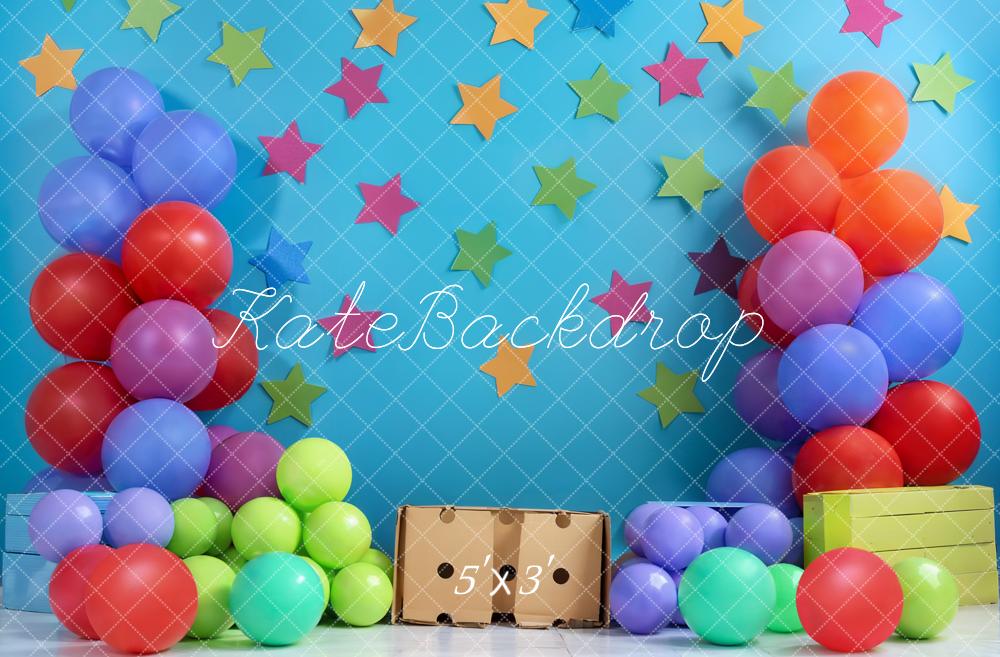 Kate Summer Birthday Cake Smash Colorful Balloon and Star Blue Wall Backdrop Designed by Emetselch